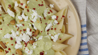 ziti with yogut chili and peas