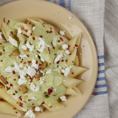 ziti with yogut chili and peas