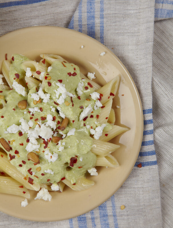 ziti with yogut chili and peas