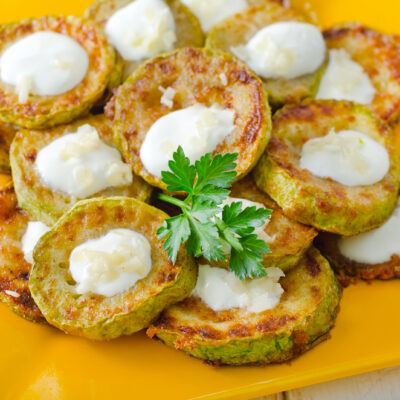 zucchini latkes with yogurt curry sauce