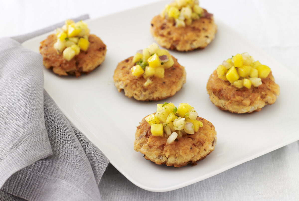 salmon cakes with tropical fruit salsa (recipe courtesy of Jamie Geller and Joy of Kosher with Jamie Geller magazine)
