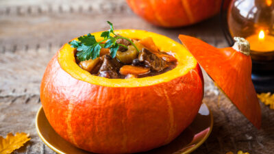 Beef stew in a pumpkin shell
