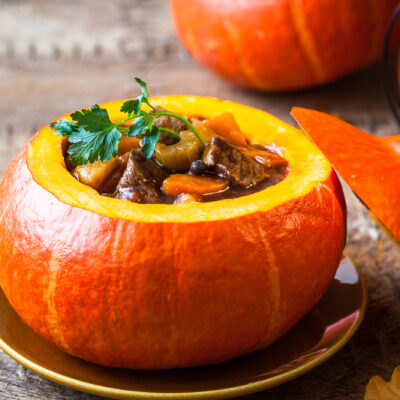 Beef stew in a pumpkin shell