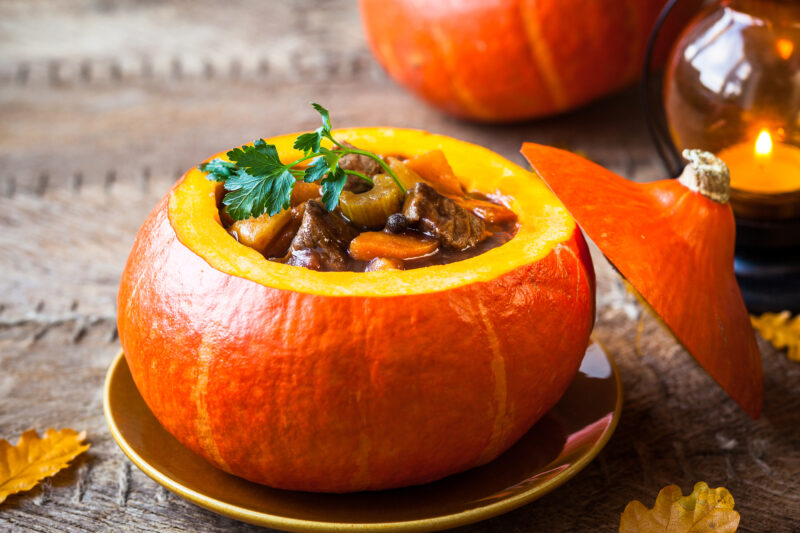 Beef stew in a pumpkin shell