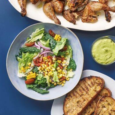 Grilled Chicken & Corn Salad with Avocado-Za’atar Green Goddess Dr