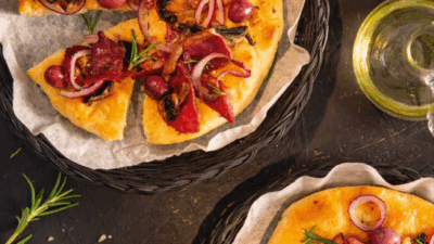 pastrami olive cornmeal flatbread