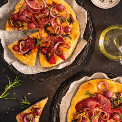 pastrami olive cornmeal flatbread