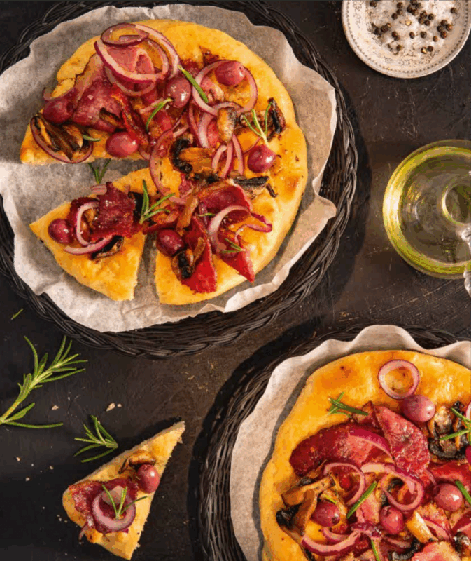 pastrami olive cornmeal flatbread