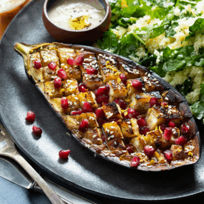 roast eggplant with kale and couscous