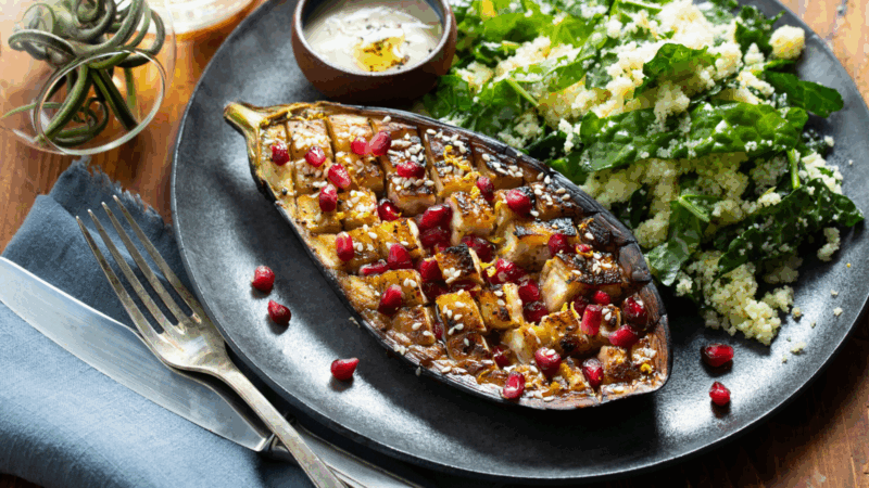 roast eggplant with kale and couscous