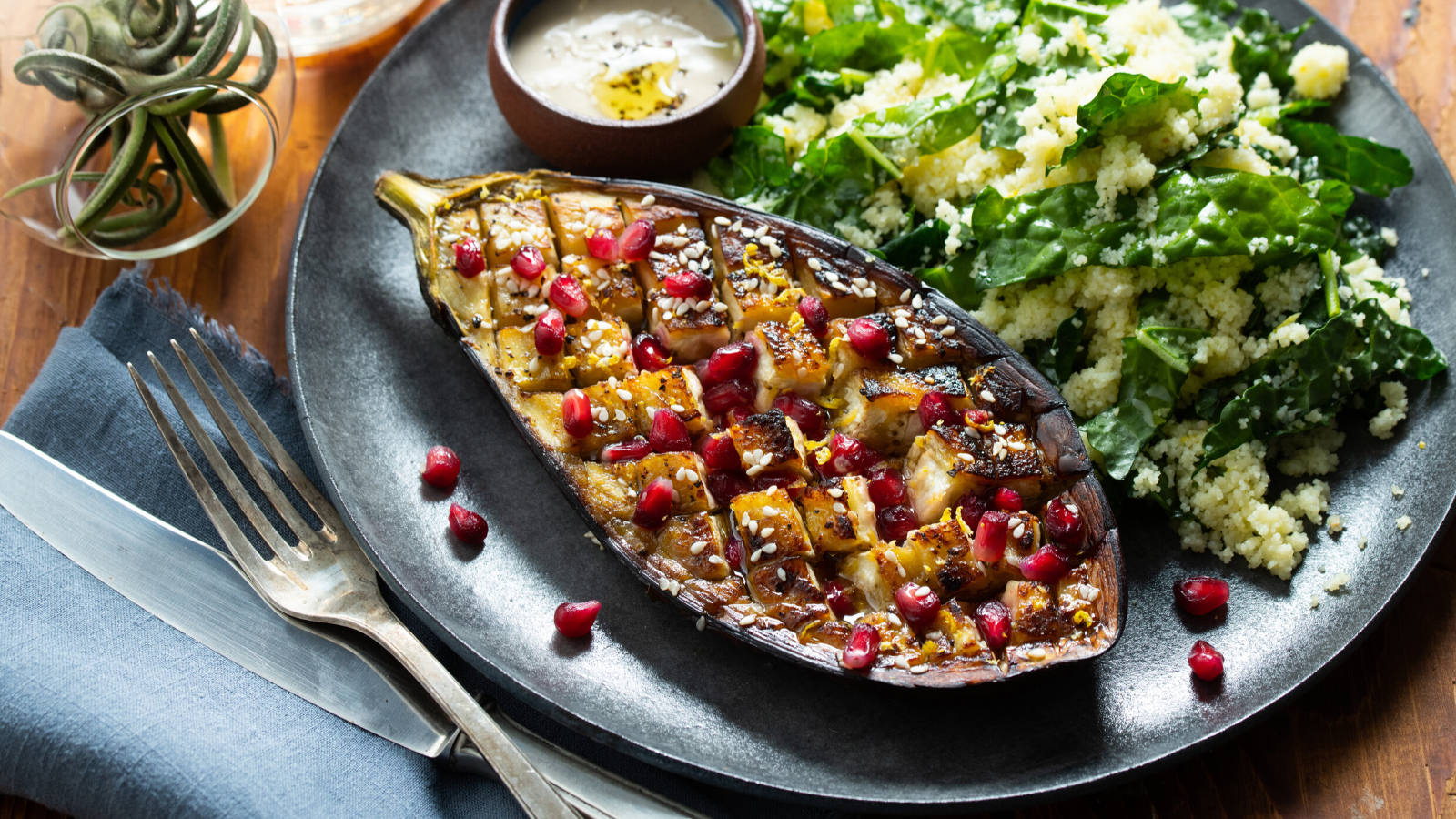 roast eggplant with kale and couscous