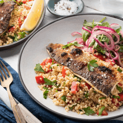 Crispy Lemon Trout with Tomato Tabouleh and Arugula