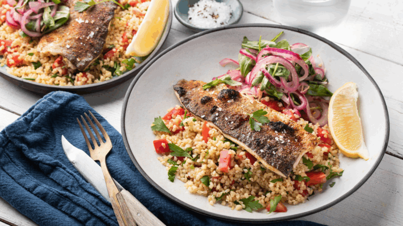 Crispy Lemon Trout with Tomato Tabouleh and Arugula