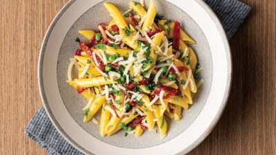 PENNE &ldquo;CARBONARA&rdquo; WITH SWEETPEAS AND OVEN-DRIED TOMATOES