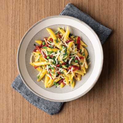 PENNE &ldquo;CARBONARA&rdquo; WITH SWEETPEAS AND OVEN-DRIED TOMATOES
