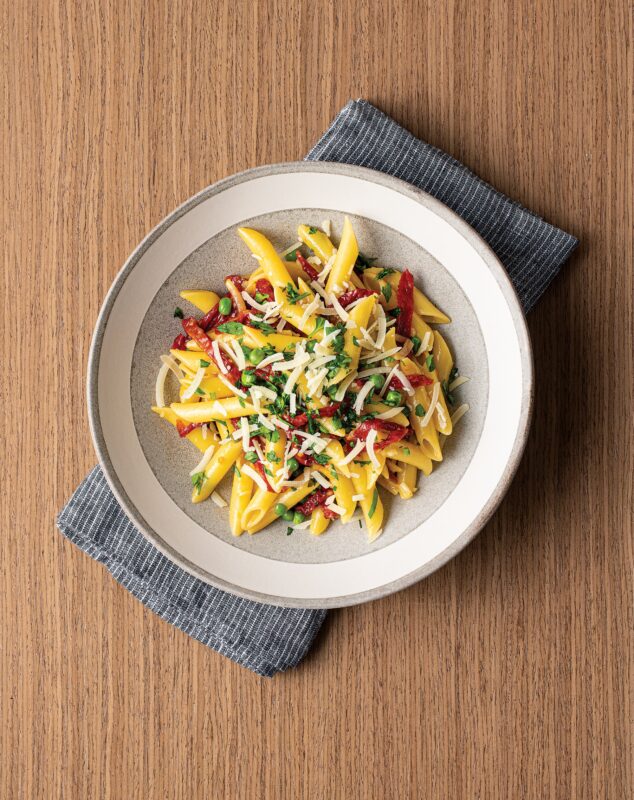 PENNE &ldquo;CARBONARA&rdquo; WITH SWEETPEAS AND OVEN-DRIED TOMATOES