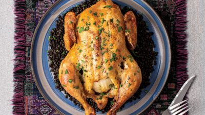 ROAST CHICKEN WITH SCHMALTZ MASSAGE AND LE PUY LENTILS