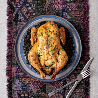 ROAST CHICKEN WITH SCHMALTZ MASSAGE AND LE PUY LENTILS