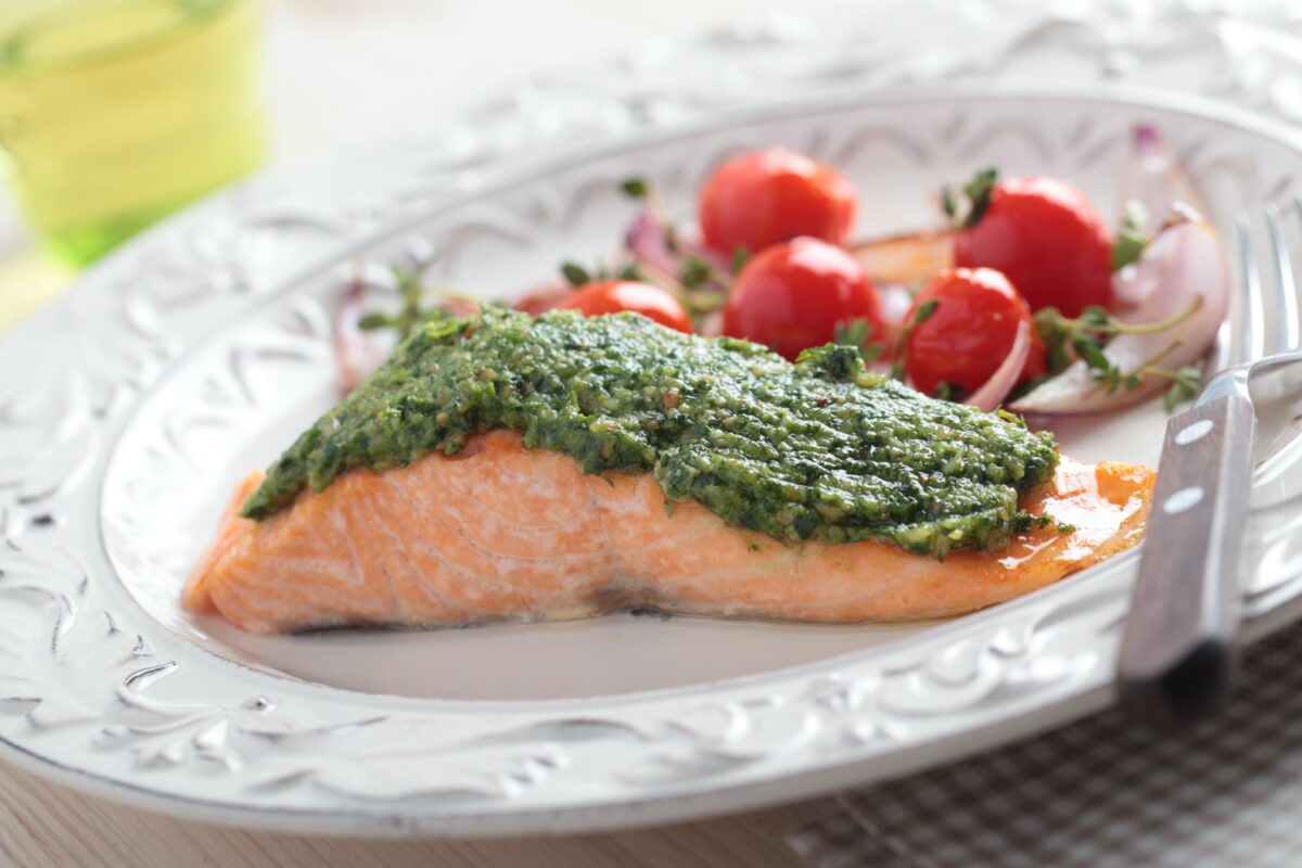 Slow Roasted Salmon with Mint Pesto