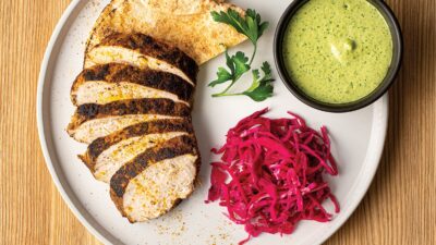 TURKEY SHAWARMA WITH GARLIC AND HERB TAHINI AND PICKLED RED CABBAGE