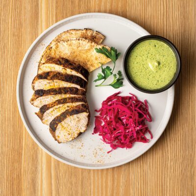 TURKEY SHAWARMA WITH GARLIC AND HERB TAHINI AND PICKLED RED CABBAGE