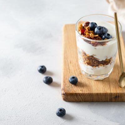 Yogurt Parfait with granola and blueberries