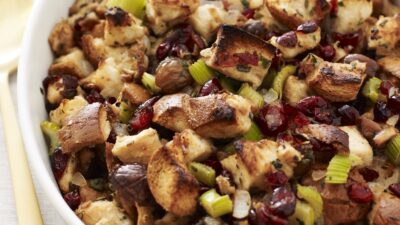 whole wheat challah stuffing with cranberries and chestnuts