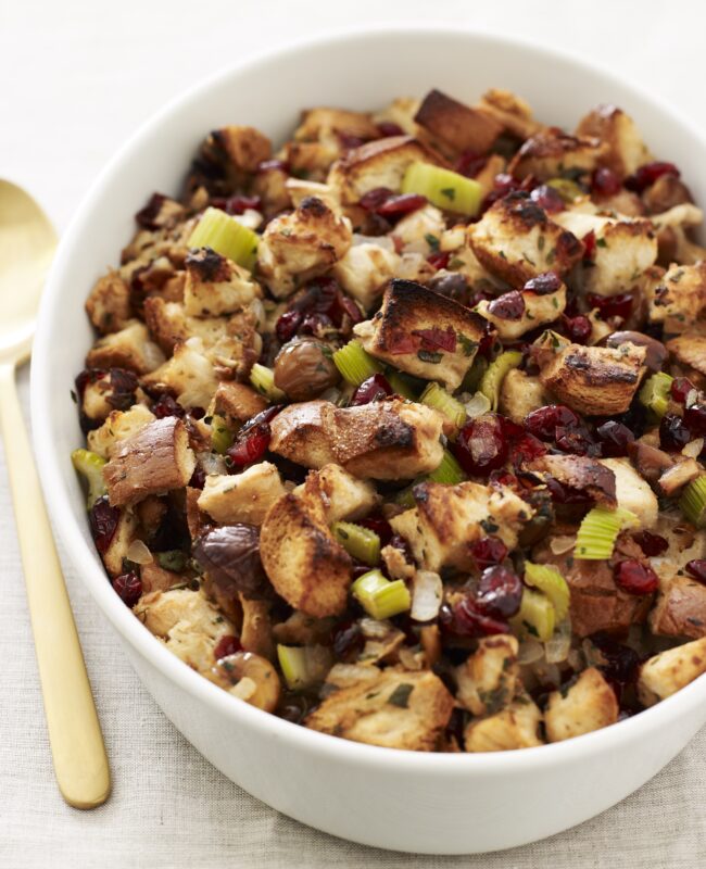 whole wheat challah stuffing with cranberries and chestnuts