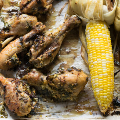 grilled drumsticks and corn