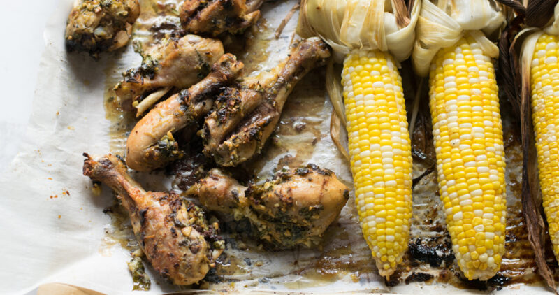 grilled drumsticks and corn