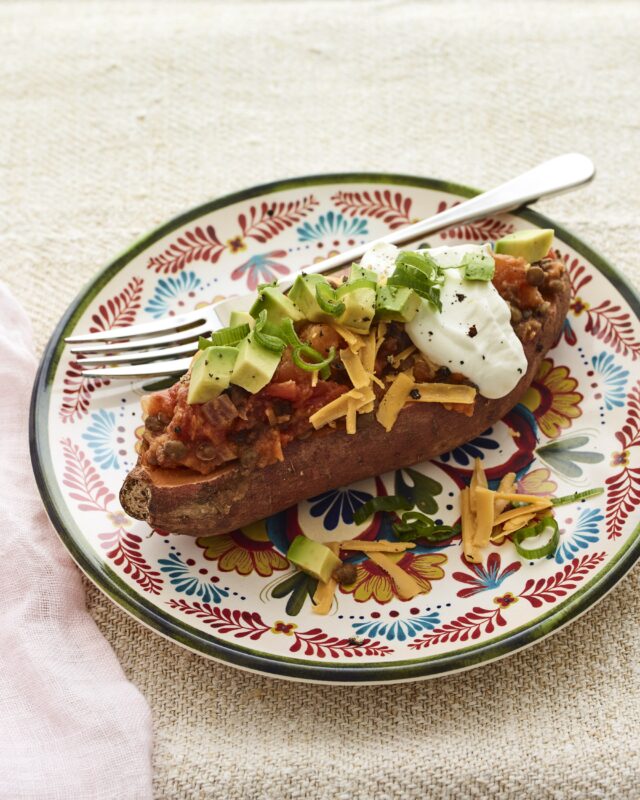 lentil chili on sweet potato