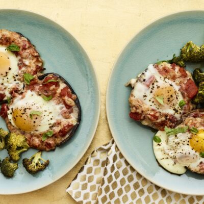 Portobello Pizzas with Eggs and Roasted Broccoli