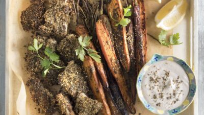 Sheet Pan Sesame Schnitzel with Za'atar Roasted Carrots