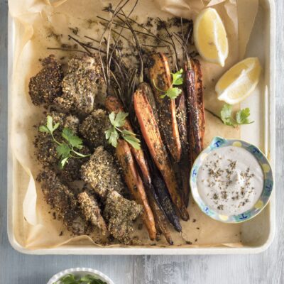 Sheet Pan Sesame Schnitzel with Za'atar Roasted Carrots