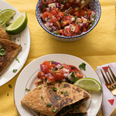 Black Bean Spinach Quesadillas with Tomato Salad vertical