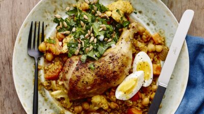 chicken stew cholent with parsley salad