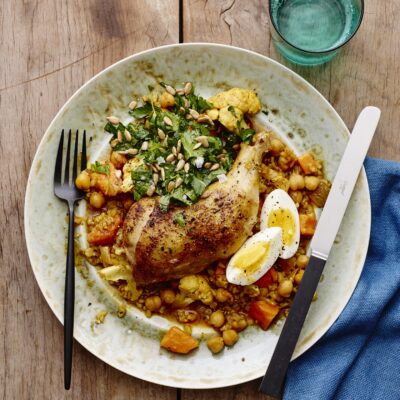 chicken stew cholent with parsley salad