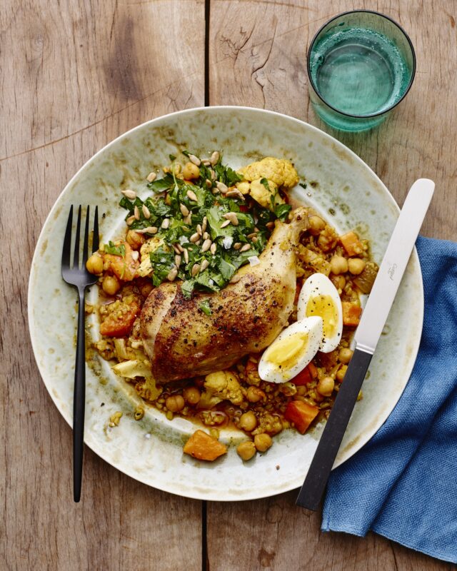 chicken stew cholent with parsley salad