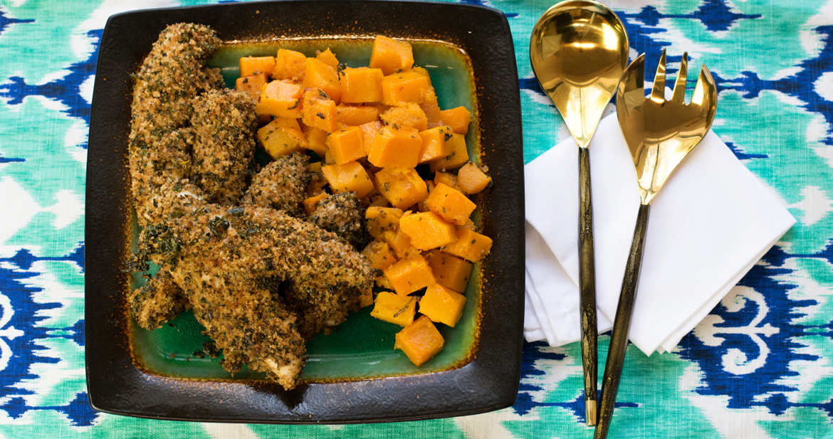 Kale Chicken Fingers with Butternut Squash Sheet Pan