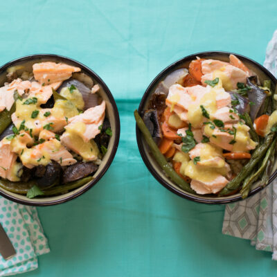 Roasted Veggie Barley Bowl with Salmon