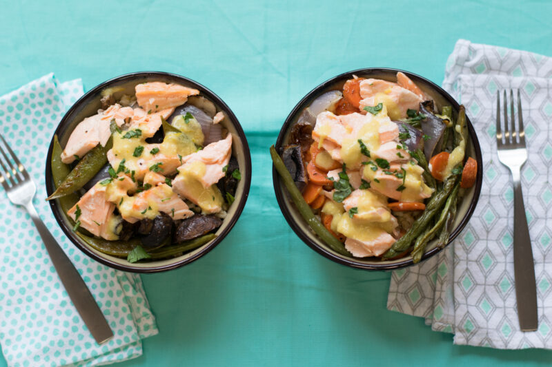 Roasted Veggie Barley Bowl with Salmon