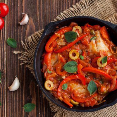white fish with peppers and onions