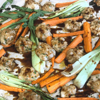 Asian Chicken Meatballs with Carrots and Bok Choy Sheet Pan