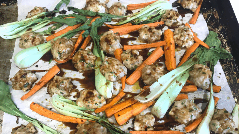 Asian Chicken Meatballs with Carrots and Bok Choy Sheet Pan