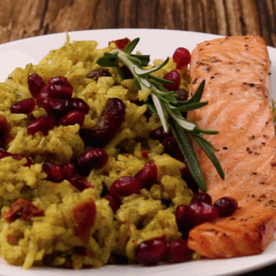 Pomegranate Salmon with Festive Herb Pilaf