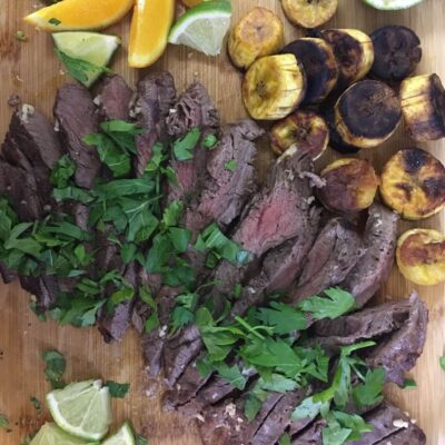 sheet pan steak dinner London broil with plantains