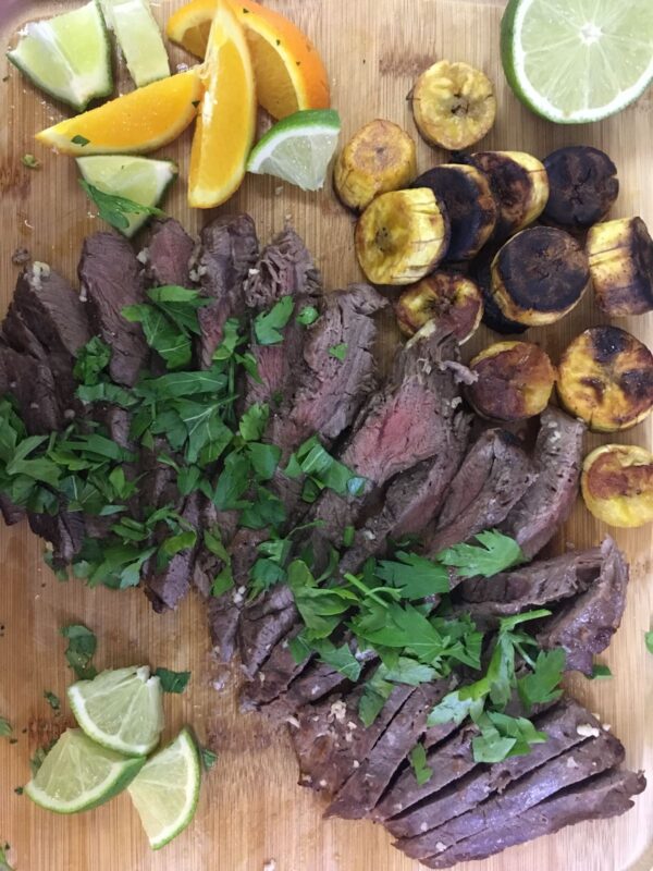 sheet pan steak dinner London broil with plantains