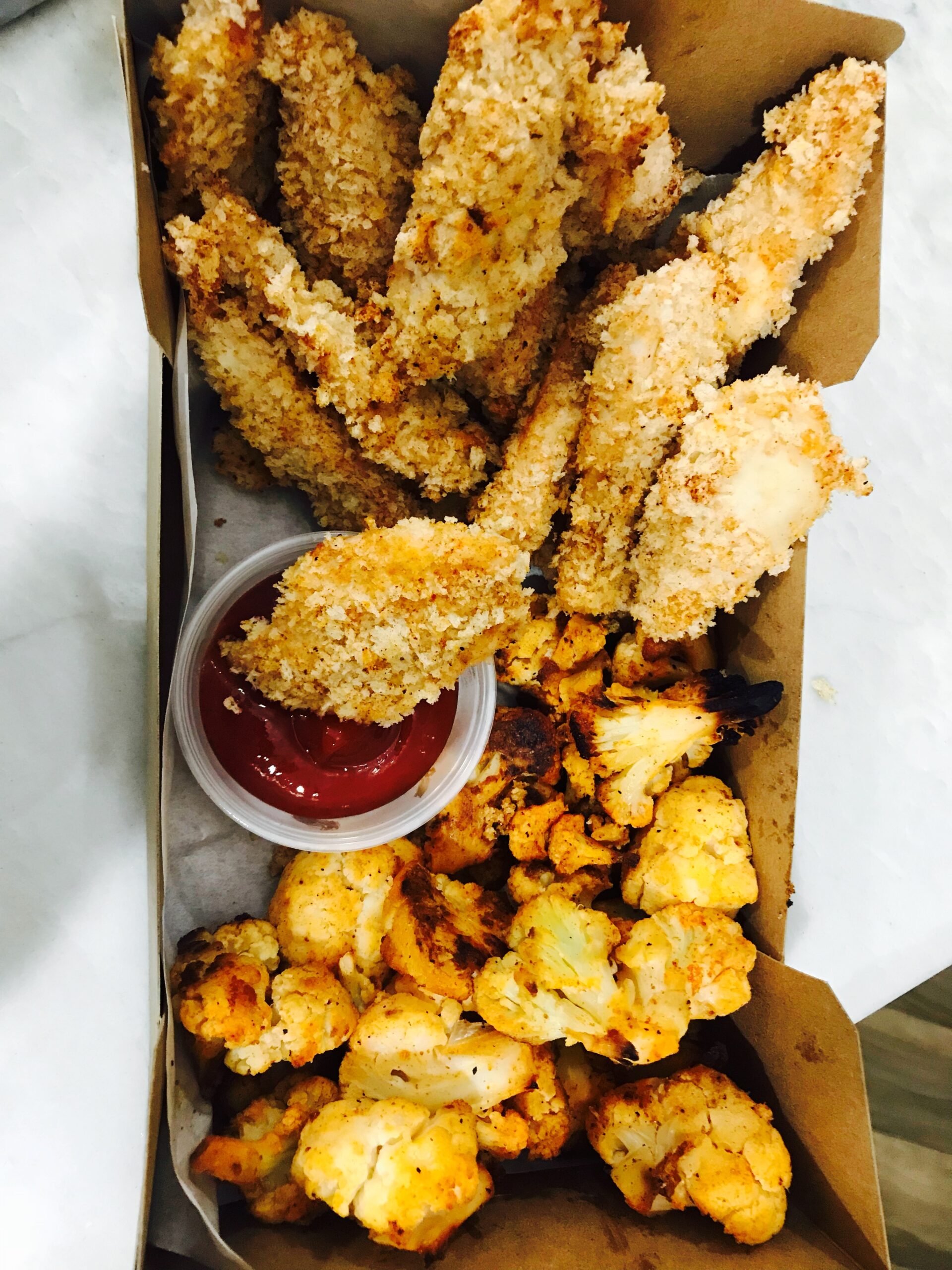Chicken Fingers with Smokey Cauliflower Sheet Pan Dinner