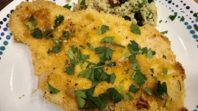 Baked Crispy Schnitzel with Preserved Lemon Sauce and Bulgur Salad