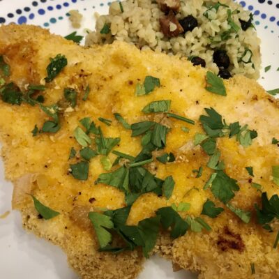 Baked Crispy Schnitzel with Preserved Lemon Sauce and Bulgur Salad